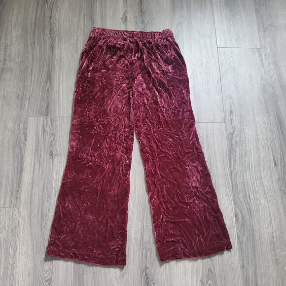 Sundance Pants Velvet Women XS Burgundy Pull On Elastic Waist Wide Leg Crushed - Picture 2 of 9